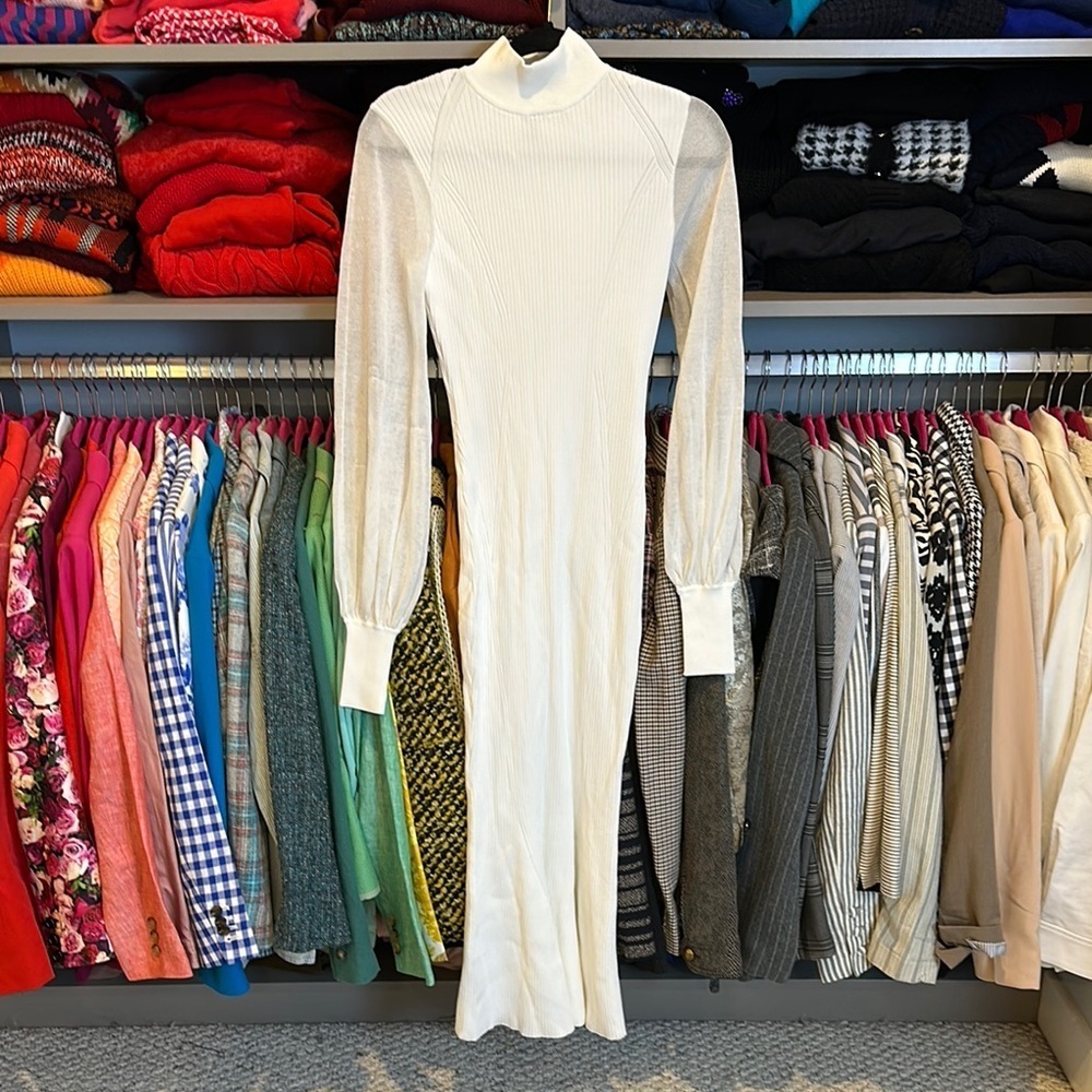 BCBGMaxAzria white long semi sheer sleeve mock neck midi bodycon dress size XXS